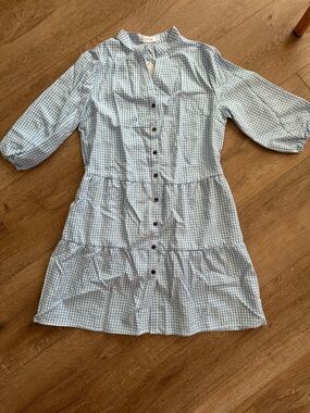 Light Blue Gingham Button-Front Tiered Dress